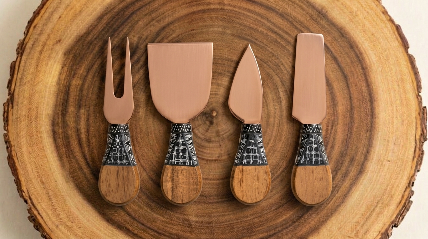 Set de cuchillos para queso con mangos de madera pintados a mano estilo alebrije sobre rodaja rústica.