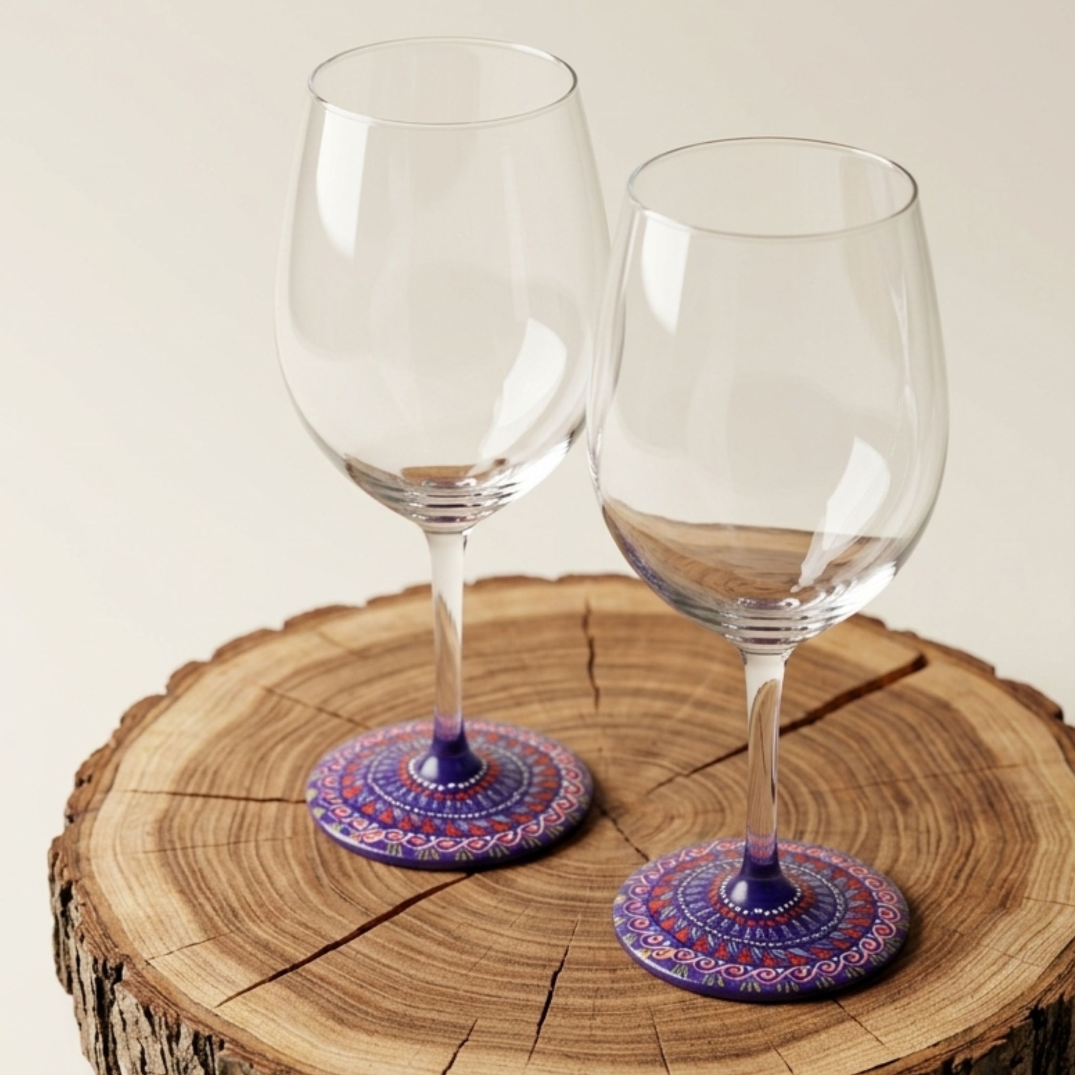 Copas de cristal artesanales con base pintada a mano con arte oaxaqueño, ideales para regalos de lujo o cenas exclusivas.
