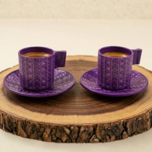 Tazas de espresso artesanales pintadas a mano con patrones de alebrije morado, vajilla mexicana exclusiva de alta gama