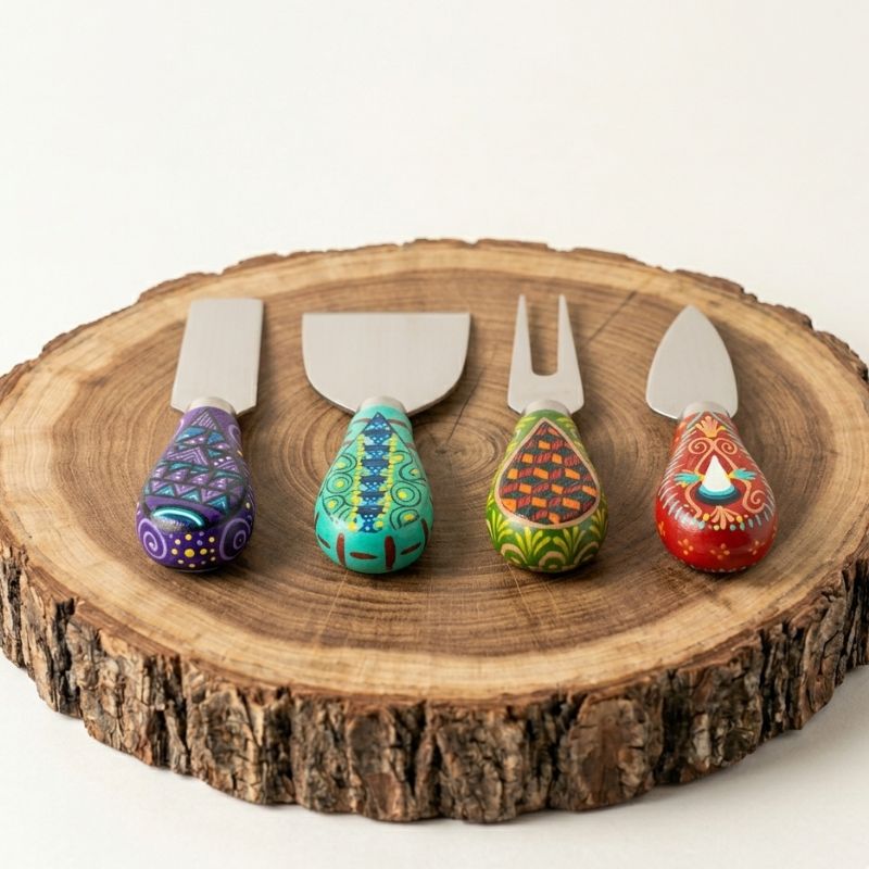 Set de cuchillos para queso con mangos de madera pintados a mano estilo alebrije sobre rodaja rústica.