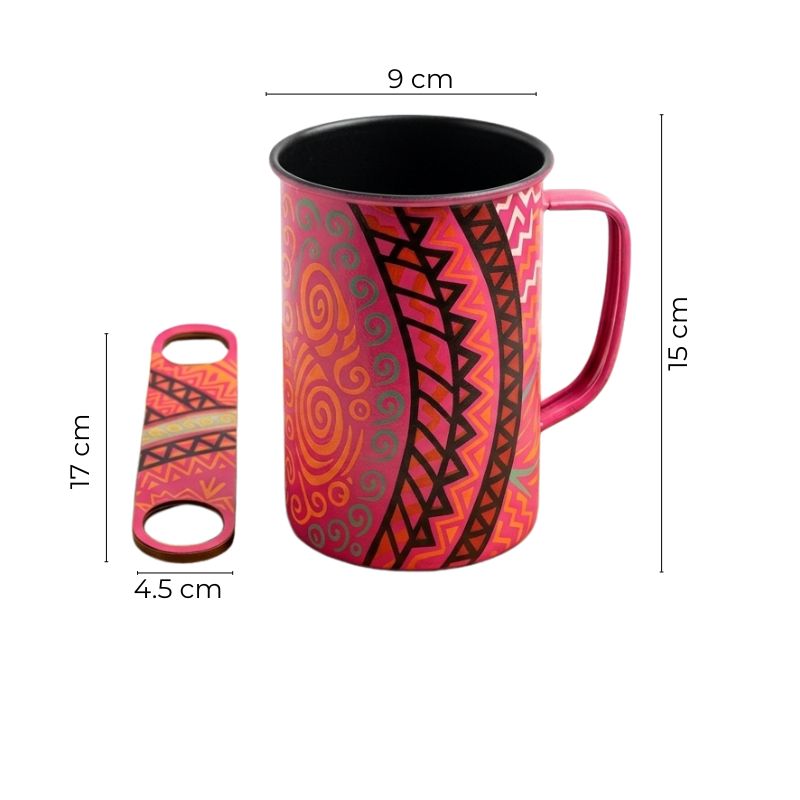 Kit cervecero artesanal con tarro de peltre y destapador rosa pintados a mano con diseño alebrije.