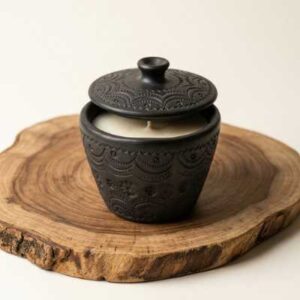 Veladora artesanal de barro negro grabado a mano, vela aromática exclusiva para decoración de interiores premium.