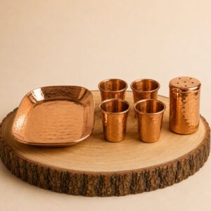Juego mezcalero artesanal de cobre puro hecho a mano con bandeja de servicio, ideal para bar o regalo premium.
