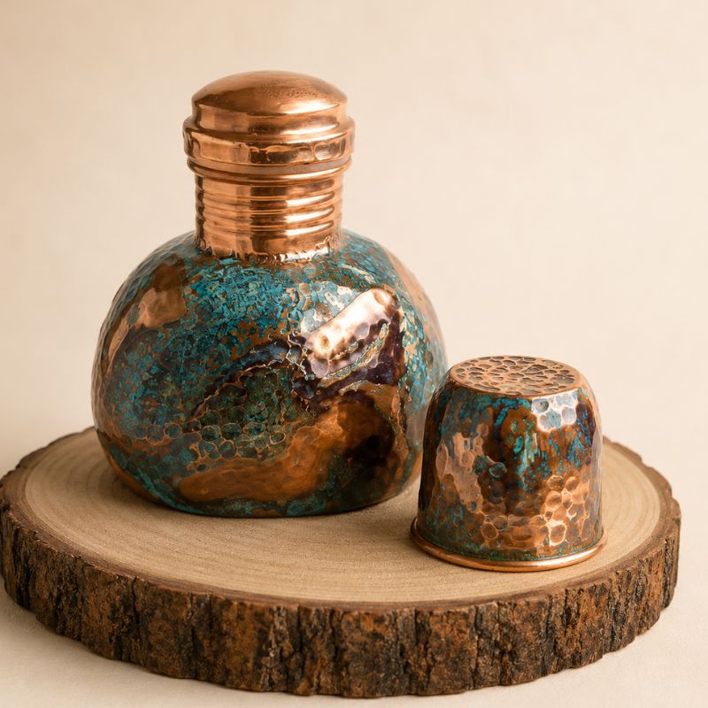 Set de licorera y vaso de cobre martillado modelo Pola con pátina verde
