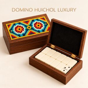 Caja de dominó Huichol artesanal con chaquira – regalo corporativo mexicano