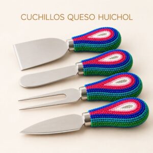 Set de cuchillos para queso Huichol con chaquira artesanal