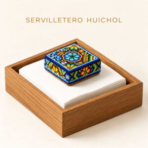 Servilletero de madera con detalle huichol artesanal en chaquira