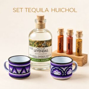 Set de tequila Huichol con dos tazas artesanales y botella