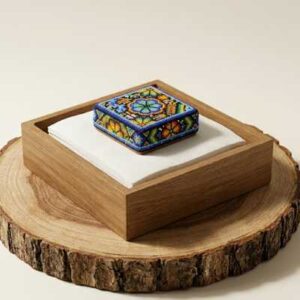 Servilletero de mesa de lujo artesanal, accesorio gourmet decorado con chaquira huichola premium.