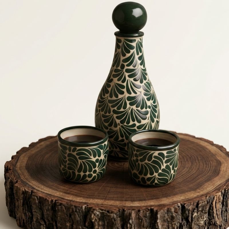 Licorera de talavera poblana con vasos mezcaleros hechos a mano, juego de licor exclusivo de alta gama.