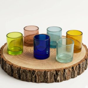 Vasos cortos de vidrio soplado mexicano hechos a mano, juego de vasos de colores exclusivo para mesa premium.
