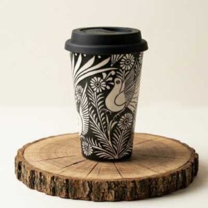 Vaso térmico de cerámica artesanal, termo para café premium con diseño mexicano de Guerrero.