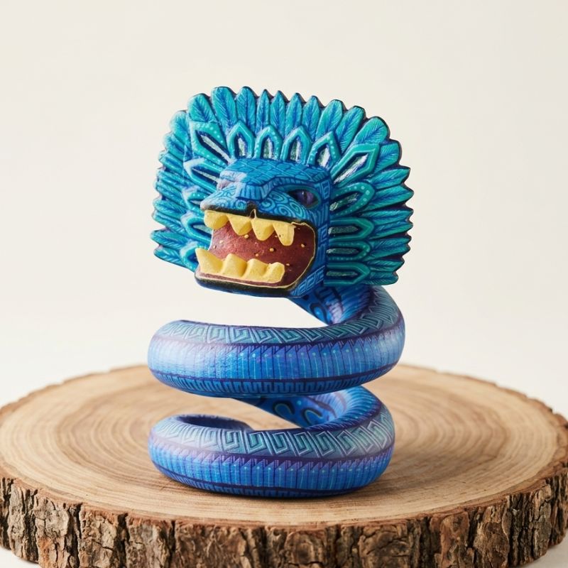Escultura artesanal de Quetzalcóatl estilo alebrije oaxaqueño tallada en madera, arte popular mexicano exclusivo.
