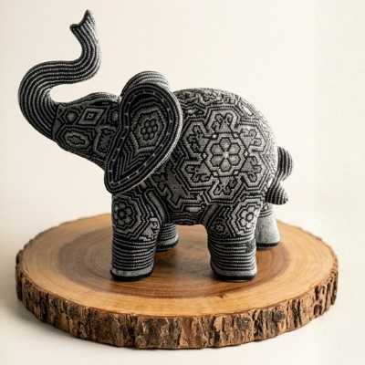 Elefante decorativo artesanal de alta gama con microchaquira huichola, figura de lujo monocromática.