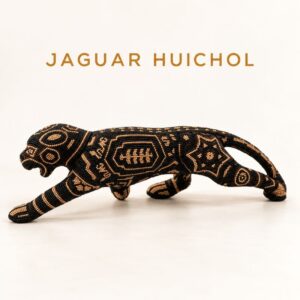 Jaguar con arte Wixárika, escultura de artesanía mexicana hecha a mano