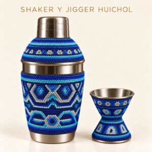 Shaker y jigger Huichol con chaquira artesanal, artesanía mexicana Wixárika