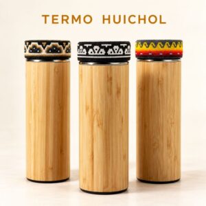 Termo huichol de madera con chaquira, artesanía mexicana para regalo corporativo