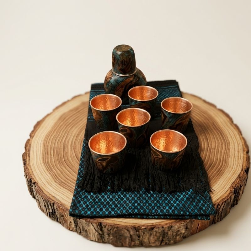 Set vasos de lujo de Santa Clara del Cobre, regalo corporativo premium con camino de rebozo negro.