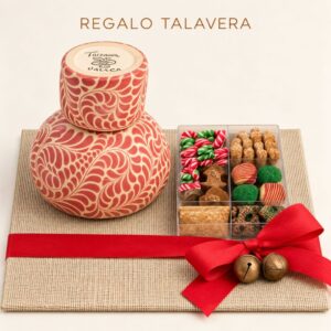 Regalo mexicano con pieza de Talavera Polka y caja de chocolates artesanales