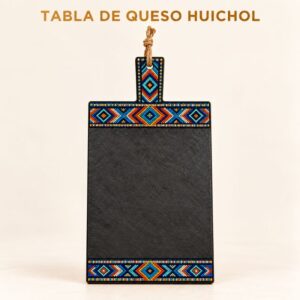Tabla para quesos de piedra con arte huichol, artesanía mexicana hecha a mano