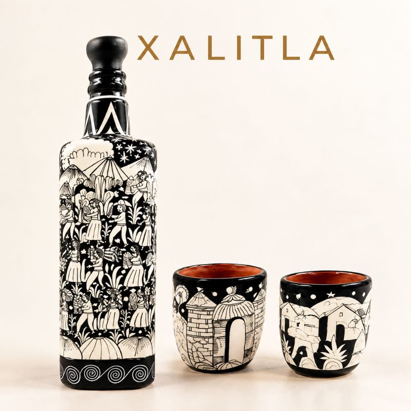 Botella y vasos de Xalitla pintados a mano, artesanía mexicana